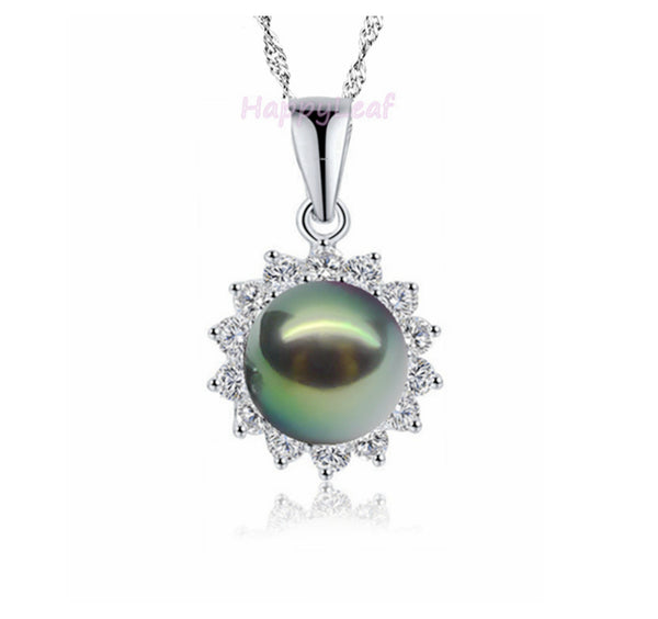 10-11mm white Freshwater Pearl Sterling Silver Russian CZ Pendant Necklace 18"