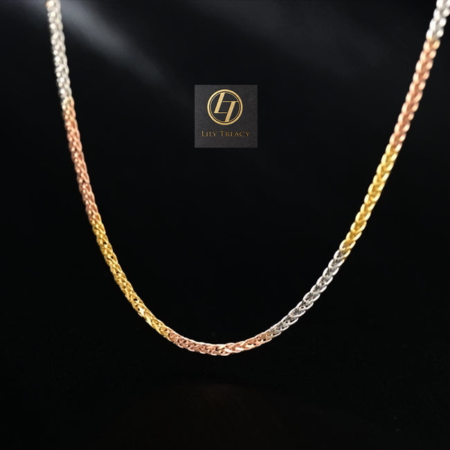 Solid 18K Tri color Yellow,White & Rose Gold 3 tone Diamond-cut chunky Adjustable Wheat Chain 20"