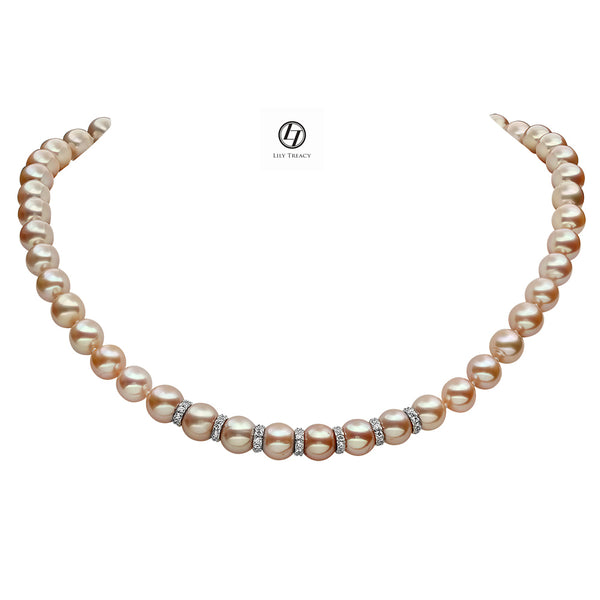 LILY TREACY 9-10MM METALLIC PINK FRESHWATER PEARL RACHELLE NECKLACE STRAND 18″ WITH RONDELLES