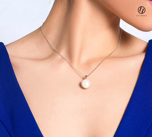 10-11mm white Freshwater Pearl Sterling Silver Russian CZ Pendant Necklace 18"